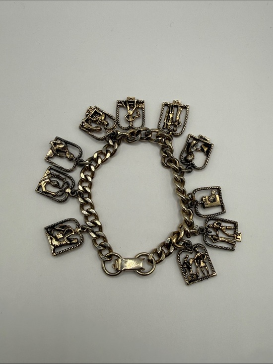 Coro Jewelry - Vintage Coro Gold Tone Ten Commandments Charm Bangle Cuff Statement Bracelet